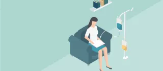 Illustration of patient reading while performing dialysis at home 